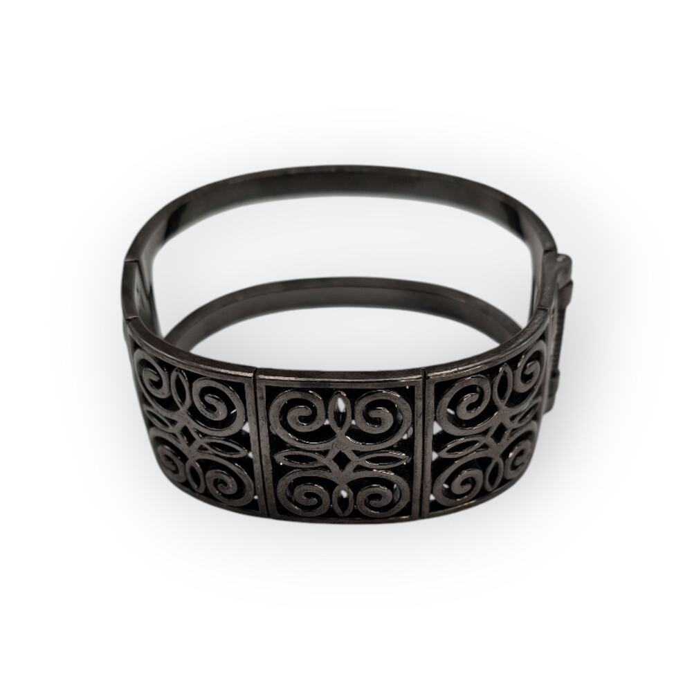 Dark Filigree Scrollwork Hinged Cuff Vintage Brac… - image 4